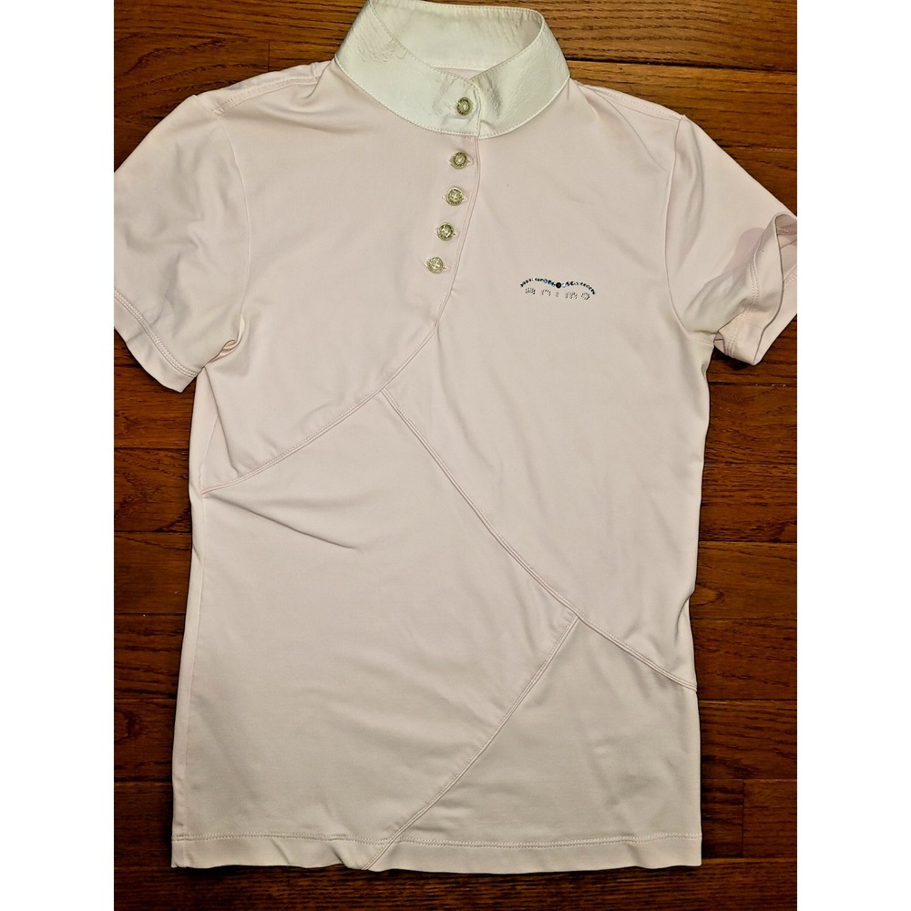 Animo ladies horse show shirt. pink white size 32 Made in Italy Sequin Logo XS